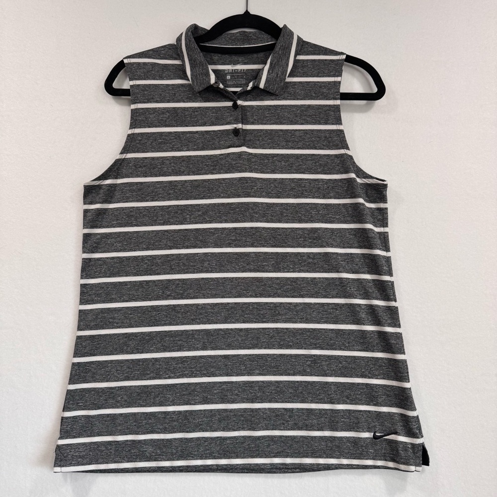 Nike women’s Large Dri-fit Gray and White Striped Sleeveless Polo Shirt